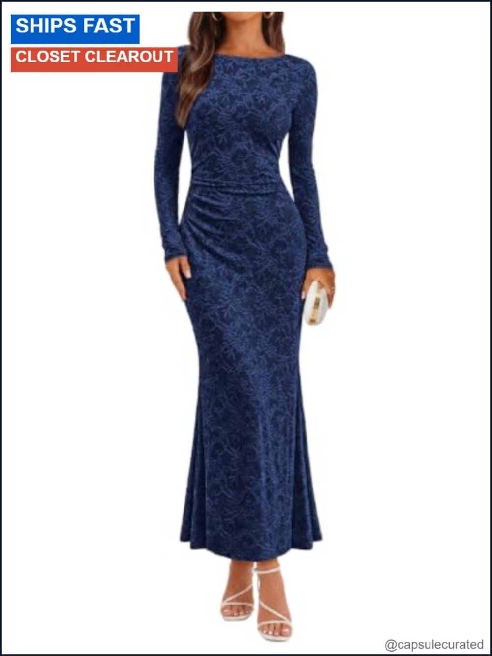 Women's Long Sleeve Floral Lace Bodycon Maxi Dress Mermaid Hem Wedding Guest